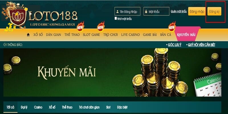 Mục đăng ký Loto188 hiển thị rõ nét tại giao diện trang chủ