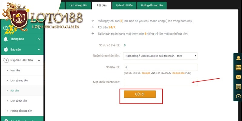 Mục Rút Tiền được hiển thị vô cùng rõ nét tại nhà cái
